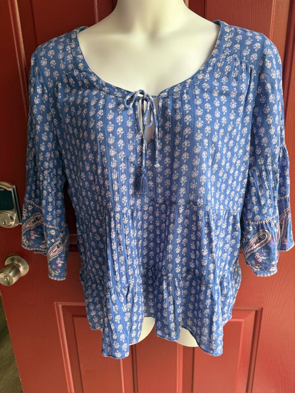 American Eagle Outfitters Blue Printed Boho Tie-Neck Top